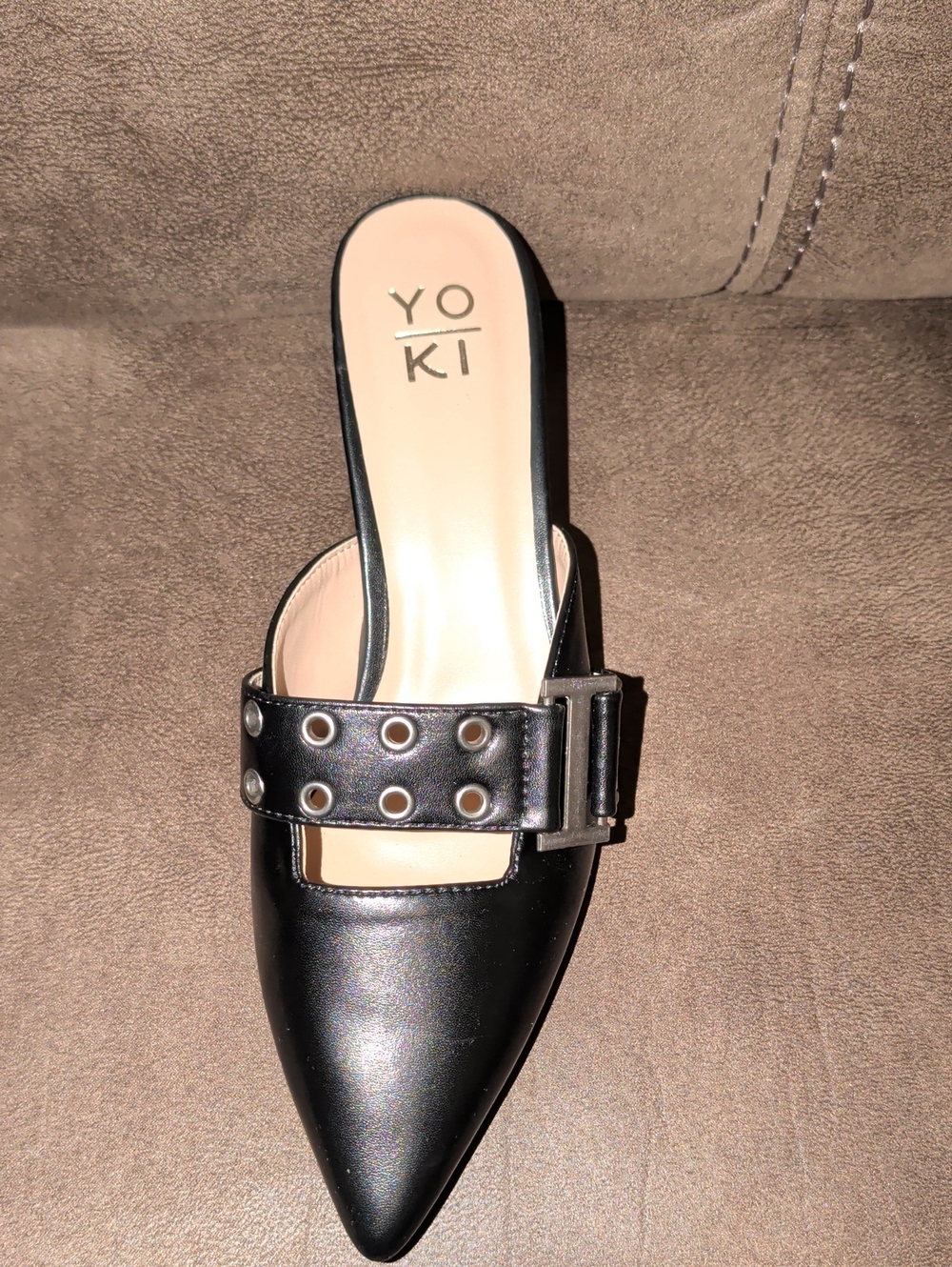 Yoki Black Pointed Slide Mule with Grommet Buckle